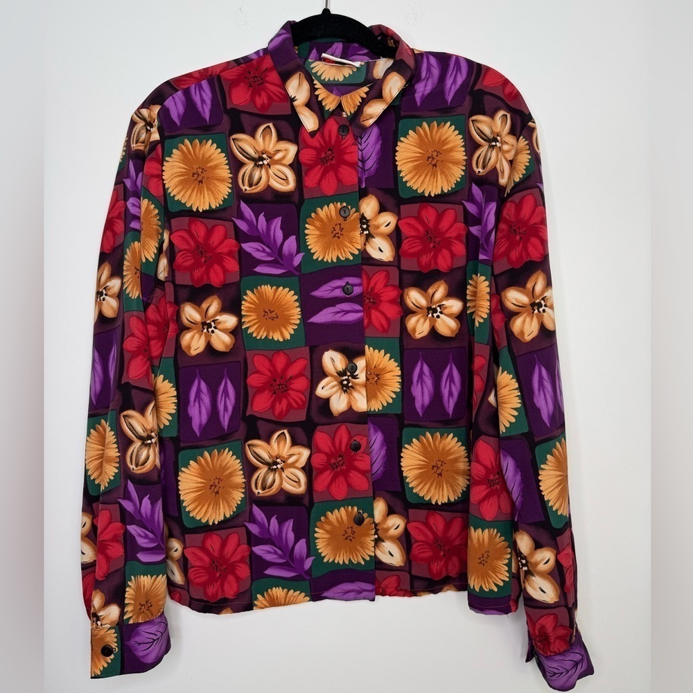 Vintage Blouse Dark Fall Tones Big Flower Print